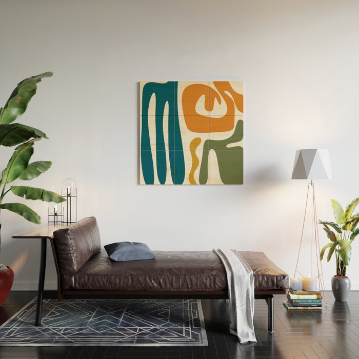 Mid Century Modern Abstract Kwaito Pattern in Moroccan Teal Orange Olive Cream Wood Wall Art Gallery Image 2
