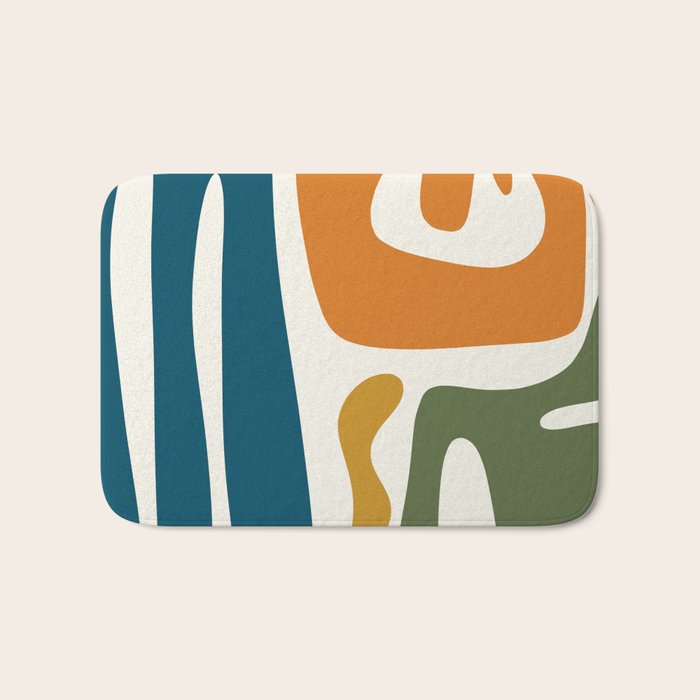 Mid Century Modern Abstract Kwaito Pattern in Moroccan Teal Orange Olive Cream Bath Mat Gallery Image 1