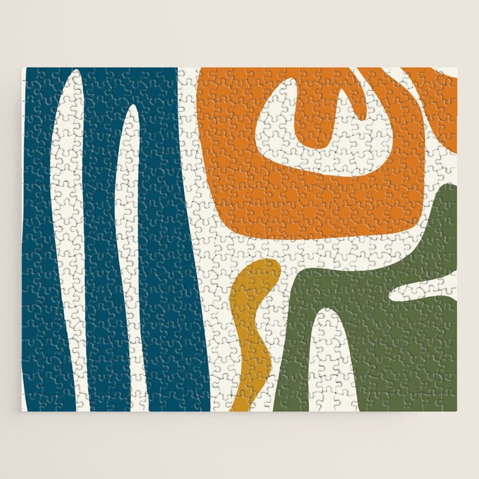 Mid Century Modern Abstract Kwaito Pattern in Moroccan Teal Orange Olive Cream Jigsaw Puzzle Gallery Image 1
