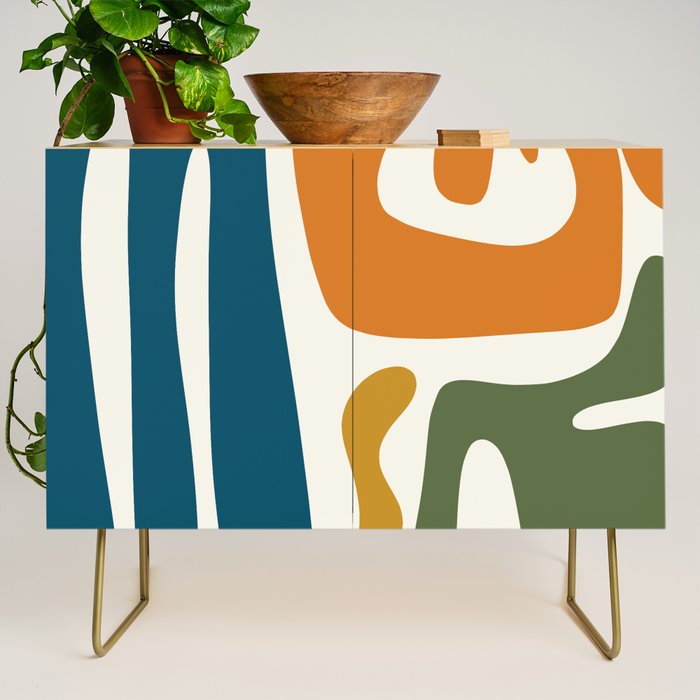 Mid Century Modern Abstract Kwaito Pattern in Moroccan Teal Orange Olive Cream Credenza Gallery Image 1