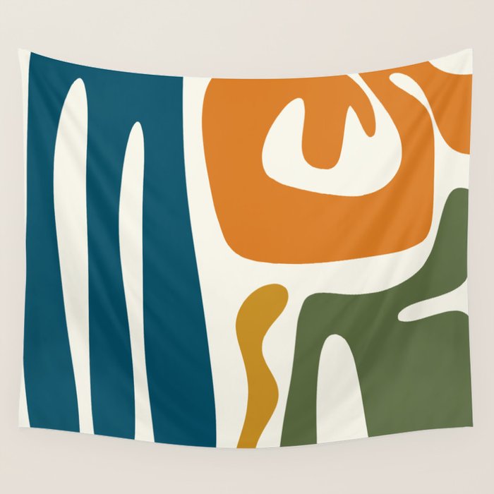 Mid Century Modern Abstract Kwaito Pattern in Moroccan Teal Orange Olive Cream Wall Tapestry Gallery Image 4