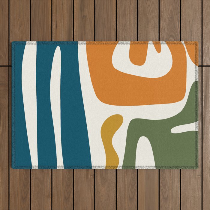Mid Century Modern Abstract Kwaito Pattern in Moroccan Teal Orange Olive Cream Outdoor Rug Gallery Image 1
