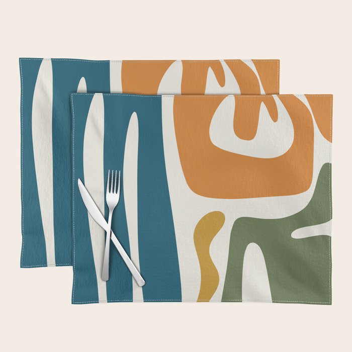 Mid Century Modern Abstract Kwaito Pattern in Moroccan Teal Orange Olive Cream Placemat Gallery Image 1