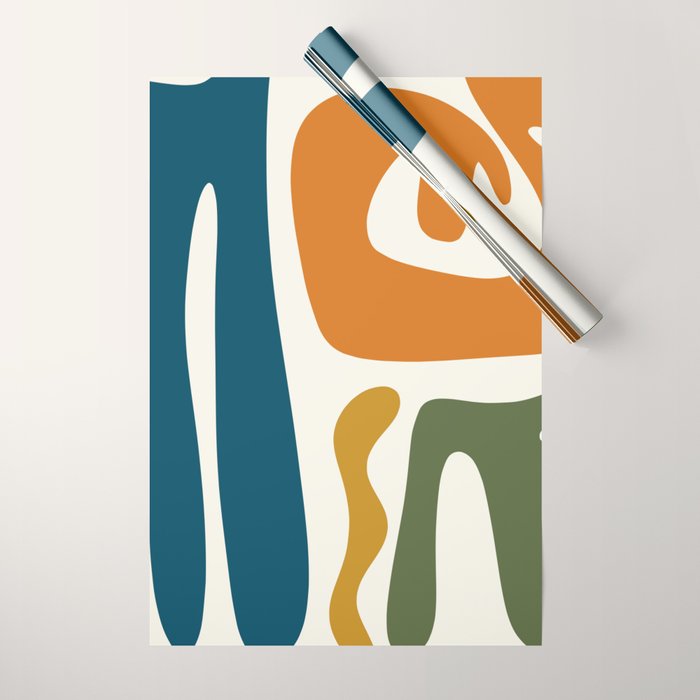 Mid Century Modern Abstract Kwaito Pattern in Moroccan Teal Orange Olive Cream Wrapping Paper Gallery Image 1