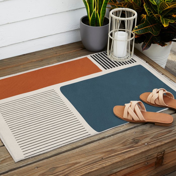 Terracotta Navy Color Block Artwork Outdoor Rug Gallery Image 2