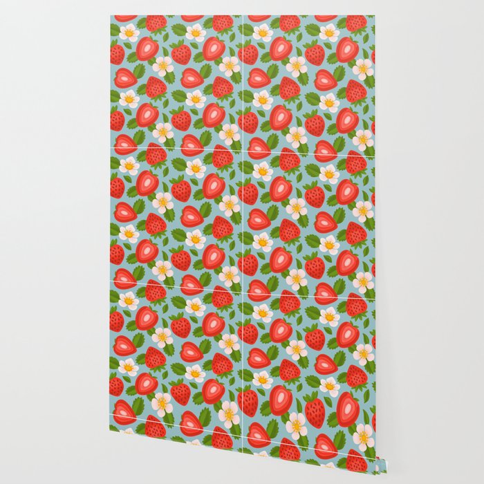 Strawberry Pattern on Sky Blue Wallpaper Gallery Image 2