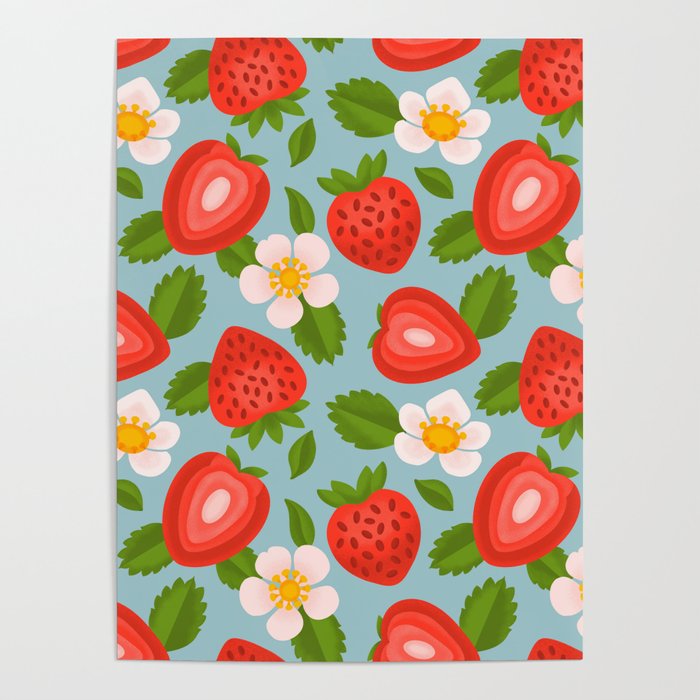 Strawberry Pattern on Sky Blue Poster Gallery Image 4