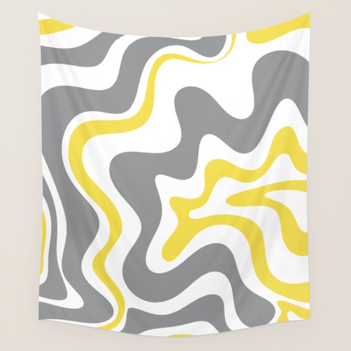 Retro Liquid Swirl Abstract in Lemon Yellow, Light Gray, and White Wall Tapestry Gallery Image 4