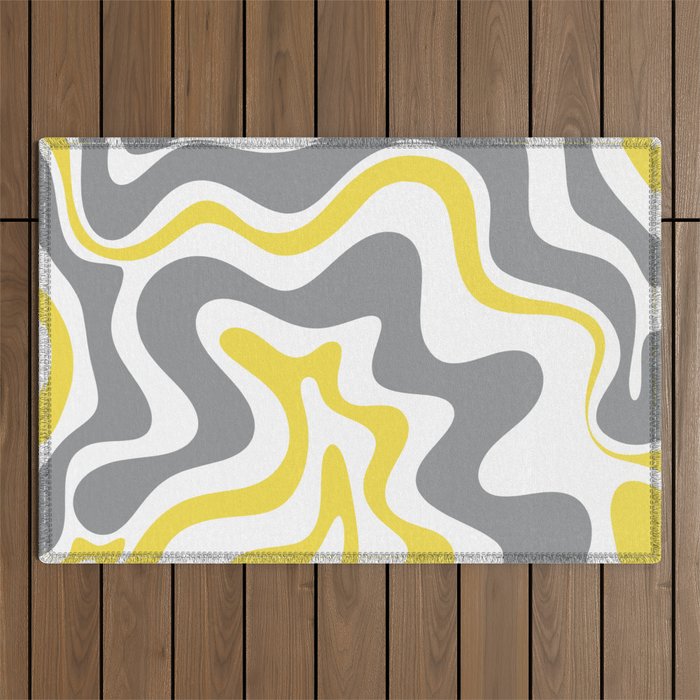 Retro Liquid Swirl Abstract in Lemon Yellow, Light Gray, and White Outdoor Rug Gallery Image 1