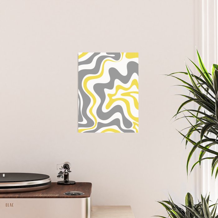 Retro Liquid Swirl Abstract in Lemon Yellow, Light Gray, and White Poster Gallery Image 2