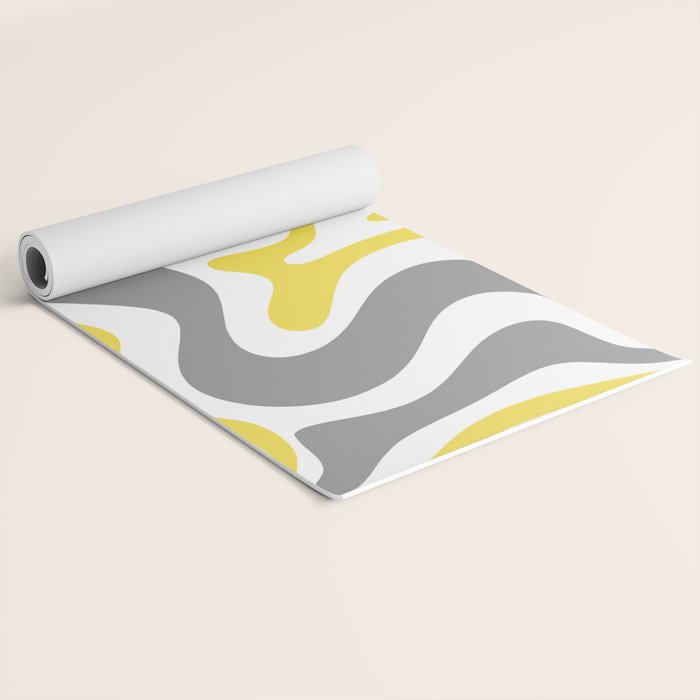 Retro Liquid Swirl Abstract in Lemon Yellow, Light Gray, and White Yoga Mat Gallery Image 2