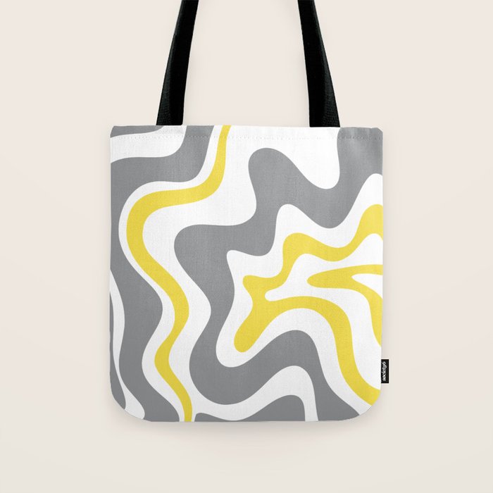 Retro Liquid Swirl Abstract in Lemon Yellow, Light Gray, and White Tote Bag Gallery Image 1