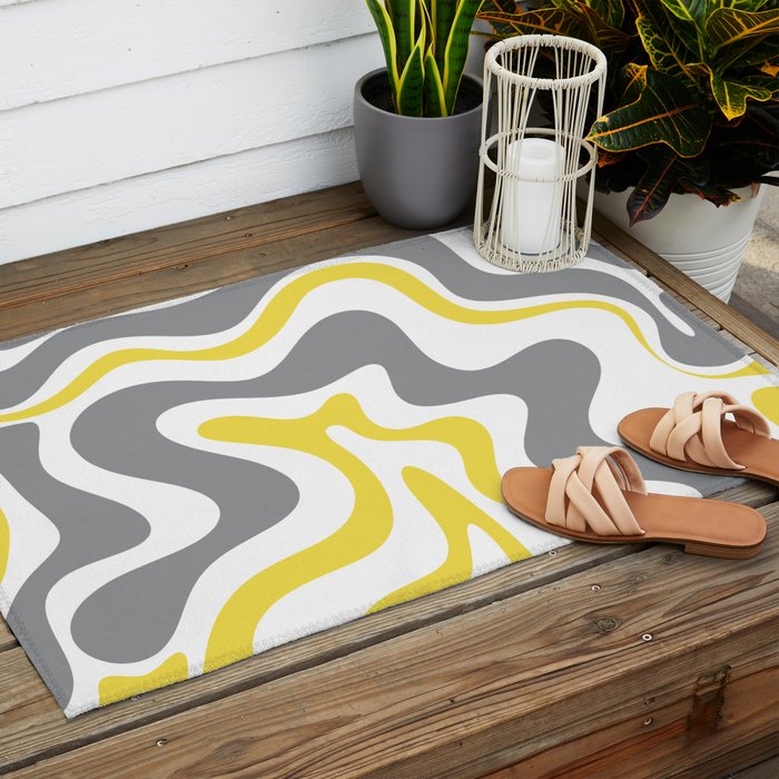 Retro Liquid Swirl Abstract in Lemon Yellow, Light Gray, and White Outdoor Rug Gallery Image 2