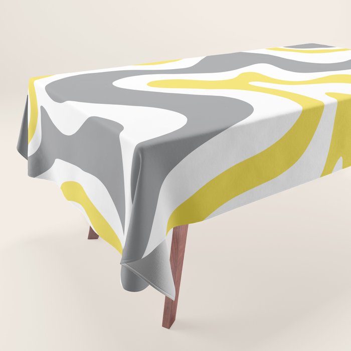 Retro Liquid Swirl Abstract in Lemon Yellow, Light Gray, and White Tablecloth Gallery Image 1