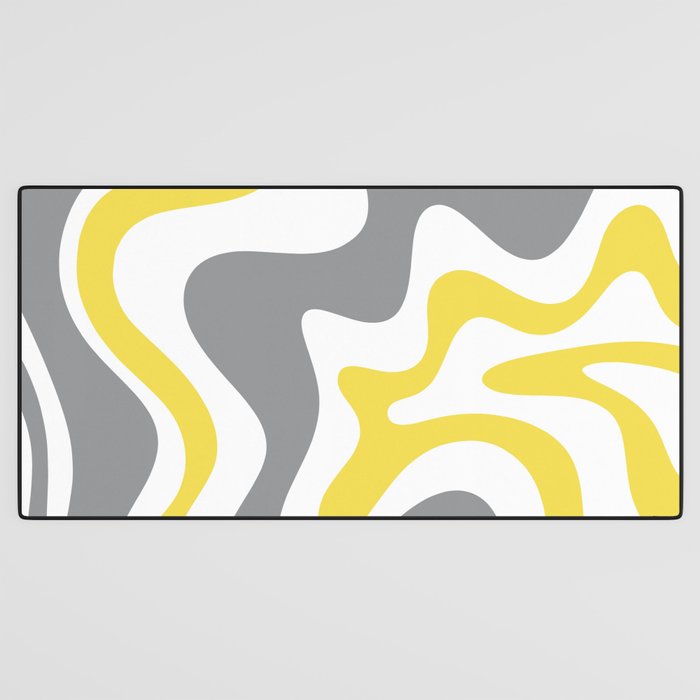 Retro Liquid Swirl Abstract in Lemon Yellow, Light Gray, and White Desk Mat Gallery Image 3