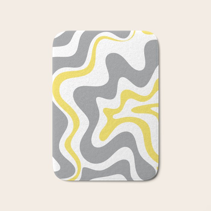 Retro Liquid Swirl Abstract in Lemon Yellow, Light Gray, and White Bath Mat Gallery Image 1