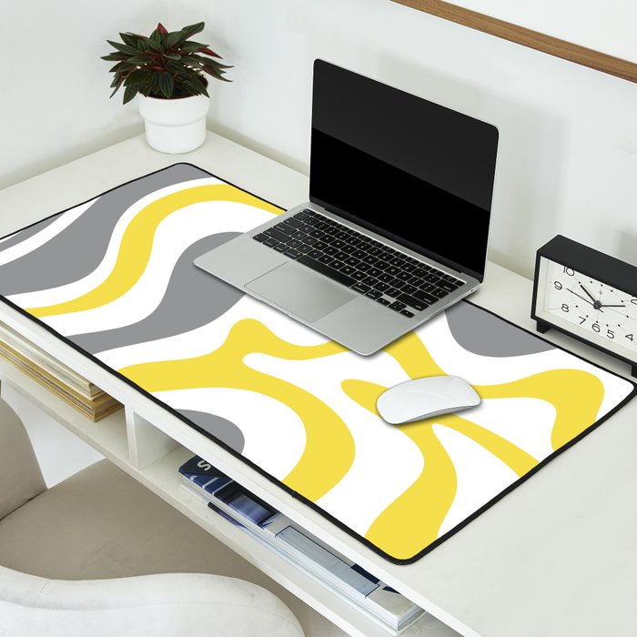 Retro Liquid Swirl Abstract in Lemon Yellow, Light Gray, and White Desk Mat Gallery Image 2