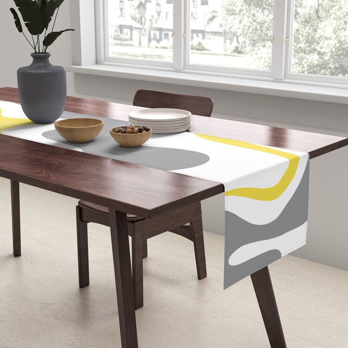 Retro Liquid Swirl Abstract in Lemon Yellow, Light Gray, and White Table Runner Gallery Image 2