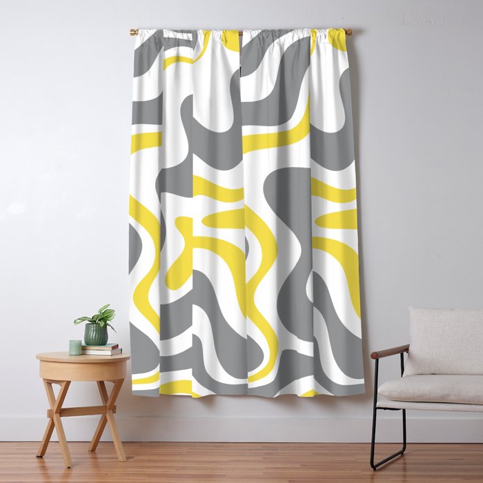 Retro Liquid Swirl Abstract in Lemon Yellow, Light Gray, and White Window Curtain Gallery Image 1