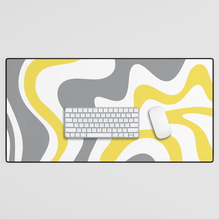 Retro Liquid Swirl Abstract in Lemon Yellow, Light Gray, and White Desk Mat Gallery Image 1
