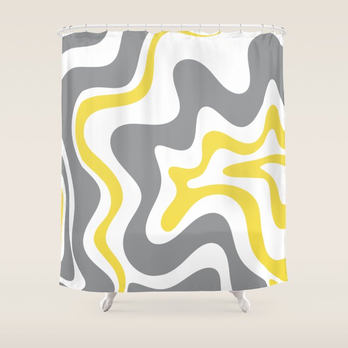 Retro Liquid Swirl Abstract in Lemon Yellow, Light Gray, and White Shower Curtain Gallery Image 1
