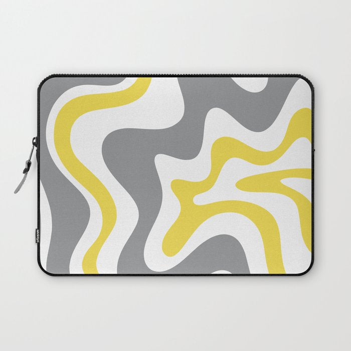Retro Liquid Swirl Abstract in Lemon Yellow, Light Gray, and White Laptop Sleeve Gallery Image 1