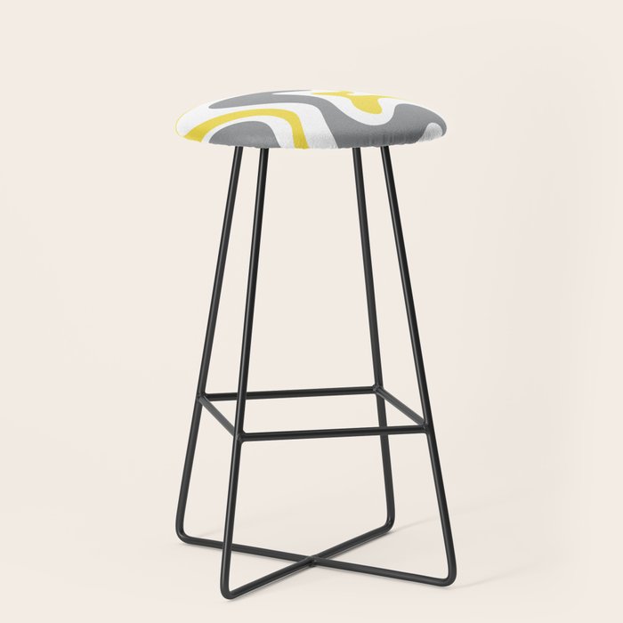 Retro Liquid Swirl Abstract in Lemon Yellow, Light Gray, and White Stool Gallery Image 1