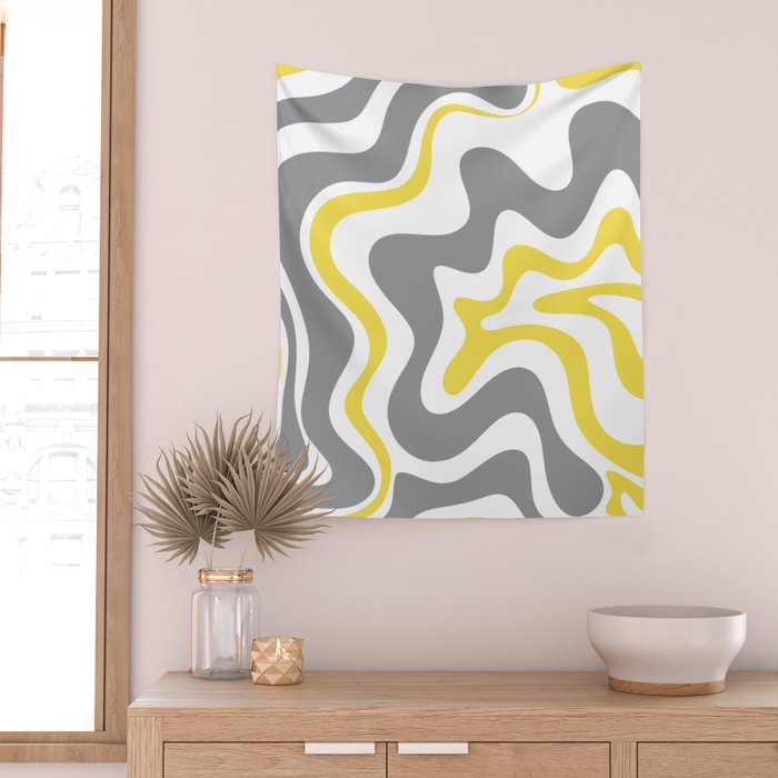 Retro Liquid Swirl Abstract in Lemon Yellow, Light Gray, and White Wall Tapestry Gallery Image 2