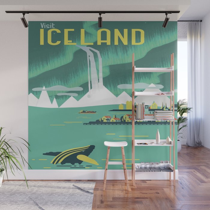 Vintage Mid Century Modern Iceland Scandinavian Travel Poster Ocean Whale Winter Village Wall Mural Gallery Image 1