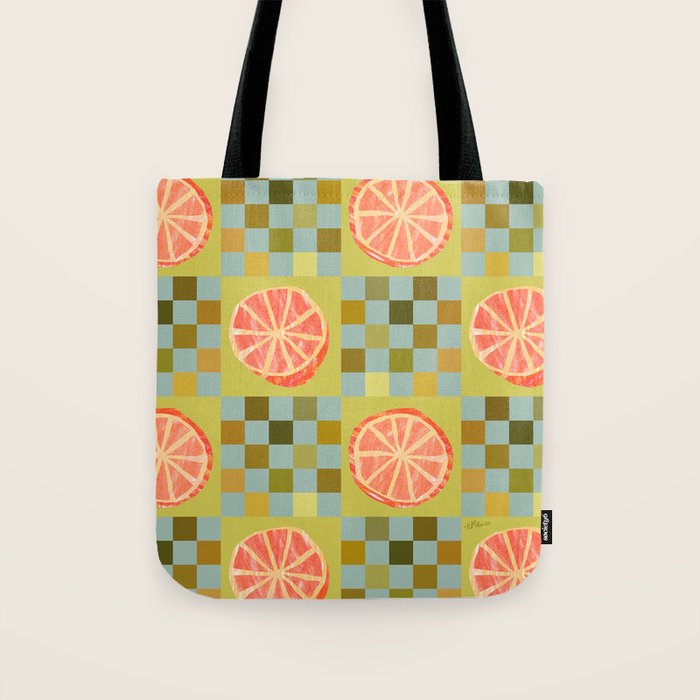 Checkered Citrus Fruit in Sage & Orange Tote Bag Gallery Image 1