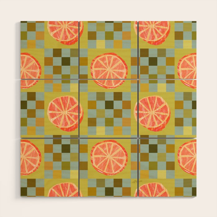 Checkered Citrus Fruit in Sage & Orange Wood Wall Art Gallery Image 1