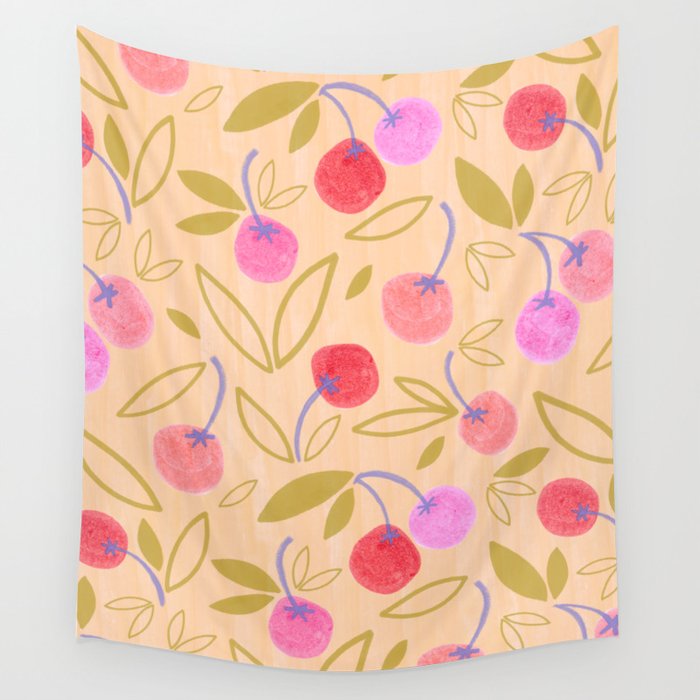 Cottagecore Cherry Pattern in Buttercup Yellow Wall Tapestry Gallery Image 4