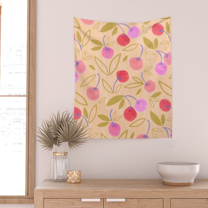 Cottagecore Cherry Pattern in Buttercup Yellow Wall Tapestry Gallery Image 2