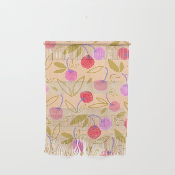 Cottagecore Cherry Pattern in Buttercup Yellow Wall Hanging Gallery Image 1