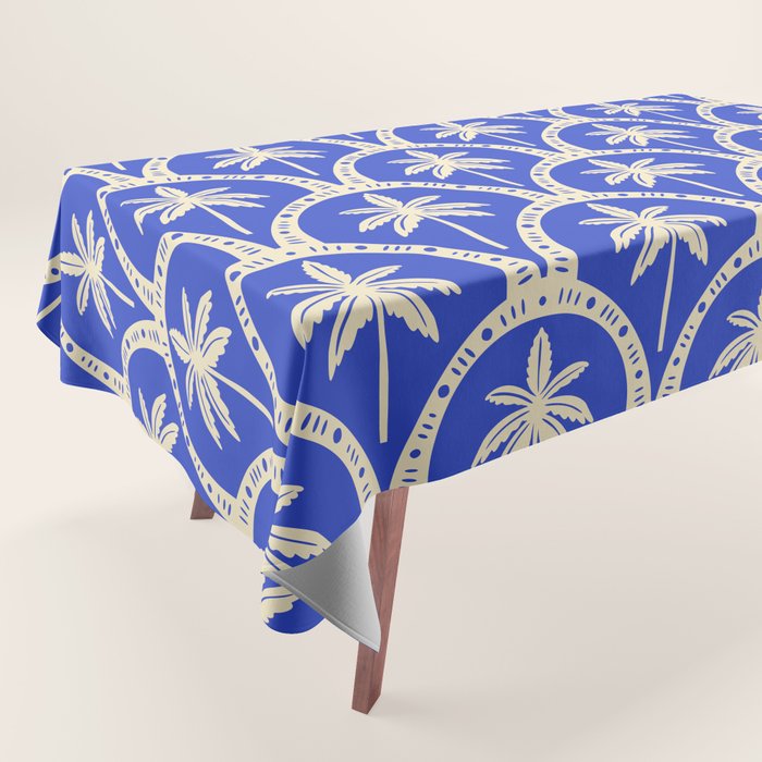 Vintage blue summer palm tree art pattern Tablecloth Gallery Image 1