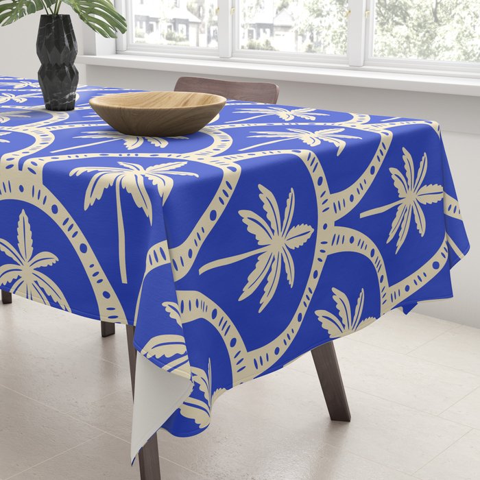 Vintage blue summer palm tree art pattern Tablecloth Gallery Image 3