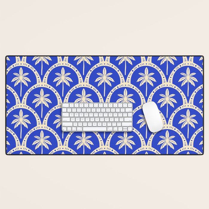 Vintage blue summer palm tree art pattern Desk Mat Gallery Image 1