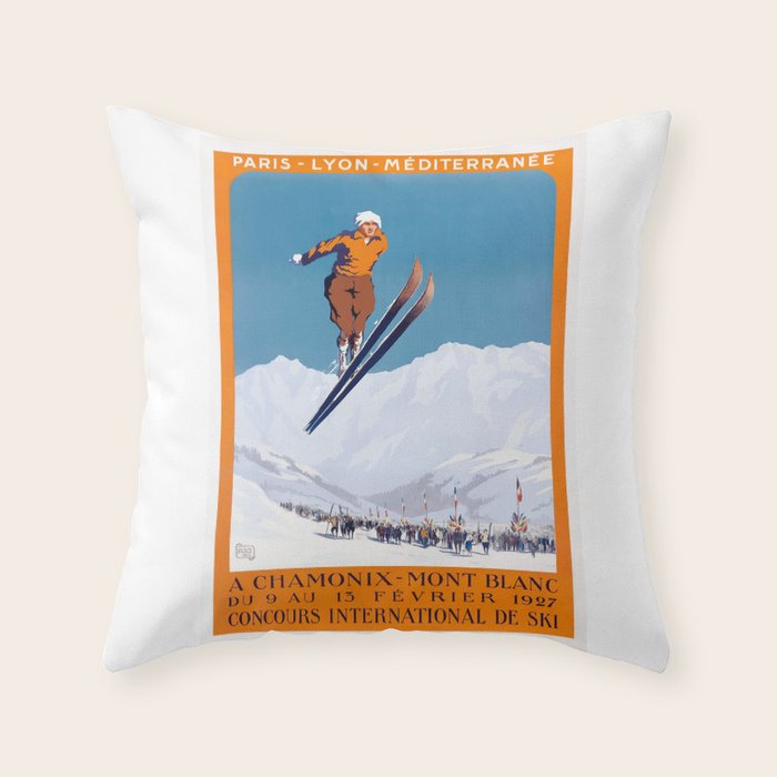 1927 Chamonix - Mont Blanc France Ski Championship Poster Throw Pillow Gallery Image 1