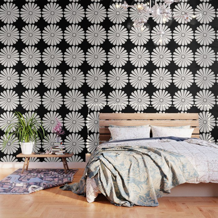 Retro Daisy Abstract II Black and White Bold Floral Wallpaper Gallery Image 3
