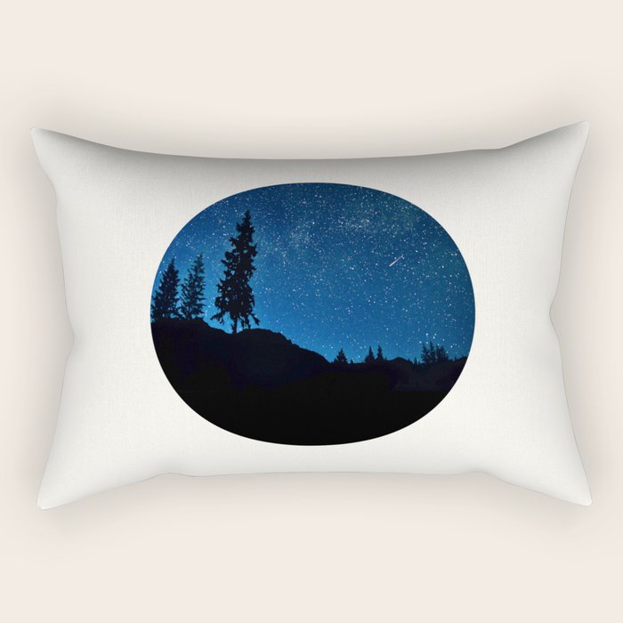 Mid Century Modern Round Circle Photo Blue Star Night Sky Pine Tree Silhouette Rectangular Pillow Gallery Image 1