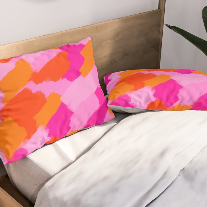 Pink and Orange Abstract Brush Strokes Palette Style Pattern Pillow Sham Gallery Image 2