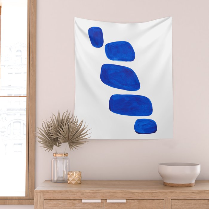 Mid Century Vintage Abstract Minimalist Colorful Pop Art Indigenous Phthalo Blue Pebbles Stacked Wall Tapestry Gallery Image 2