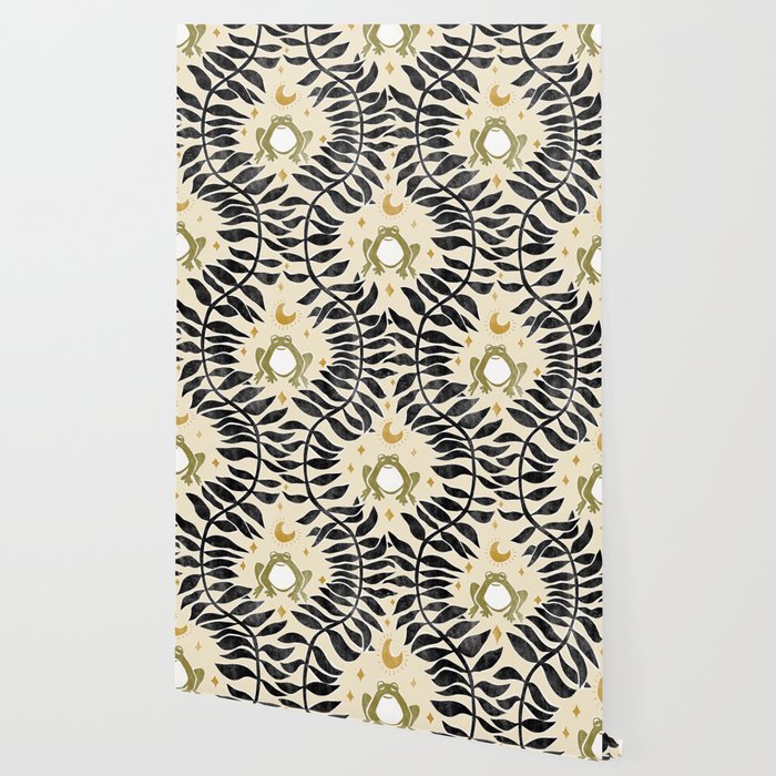 Froggie Ogee - black, moss green, and cream Wallpaper Gallery Image 2