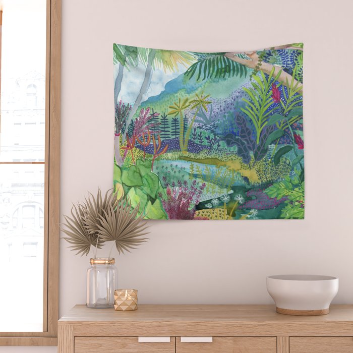 Jungle Paradise Watercolor Wall Tapestry Gallery Image 2