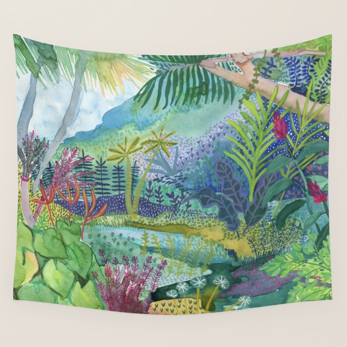 Jungle Paradise Watercolor Wall Tapestry Gallery Image 4