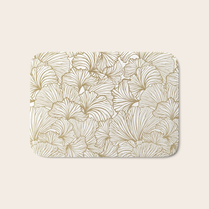 Decorative Art Deco, Leaves, Floral Prints, White and Gold Bath Mat Gallery Image 1