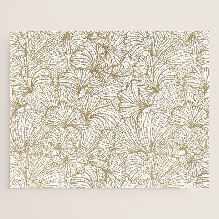 Decorative Art Deco, Leaves, Floral Prints, White and Gold Jigsaw Puzzle Gallery Image 1