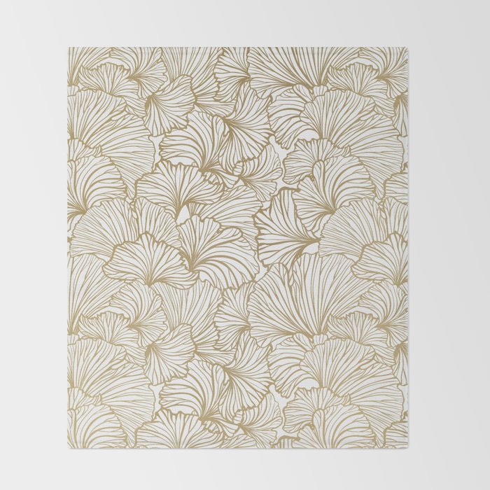 Decorative Art Deco, Leaves, Floral Prints, White and Gold Throw Blanket Gallery Image 2
