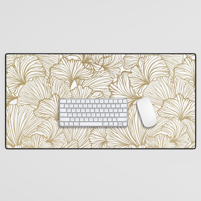 Decorative Art Deco, Leaves, Floral Prints, White and Gold Desk Mat Gallery Image 1