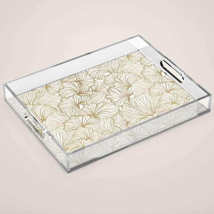 Decorative Art Deco, Leaves, Floral Prints, White and Gold Acrylic Tray Gallery Image 1